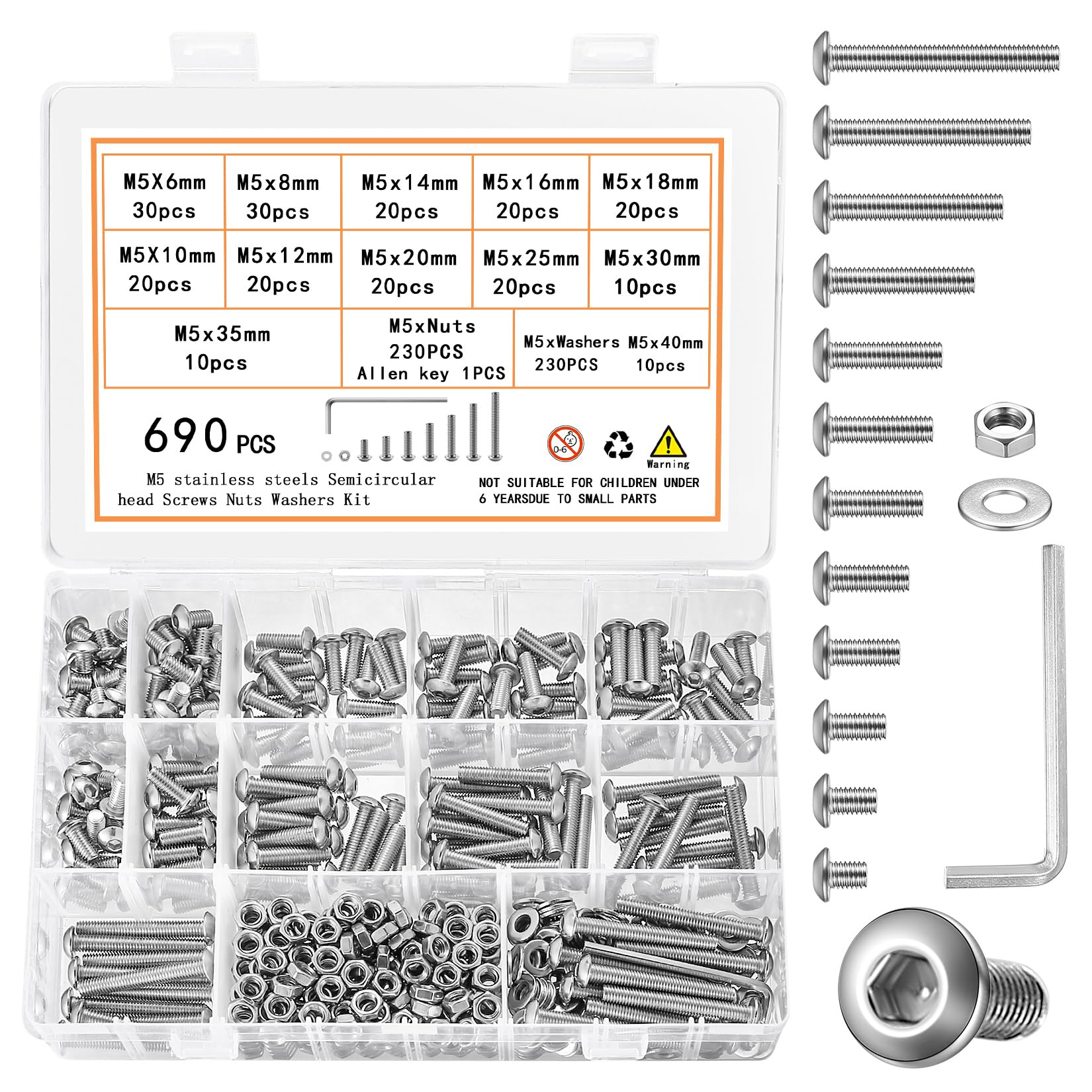 690 Pcs M5 Nuts and Bolts Assortment Kit, Pan Head Machine Screws and Nuts, Stainless Steel Hex Button Head Socket Cap Screws Bolts and Washers, Metric Screw Assortment, Fully Threaded
