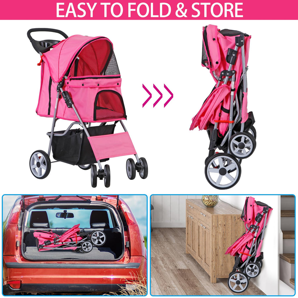 LEMY Foldable Pet Stroller,4 Wheels Cat/Dog Stroller with Weather Cover for Small/Medium Dogs and Cats,Pink Pet Strolling Cart with Storage Basket and Cup Holder