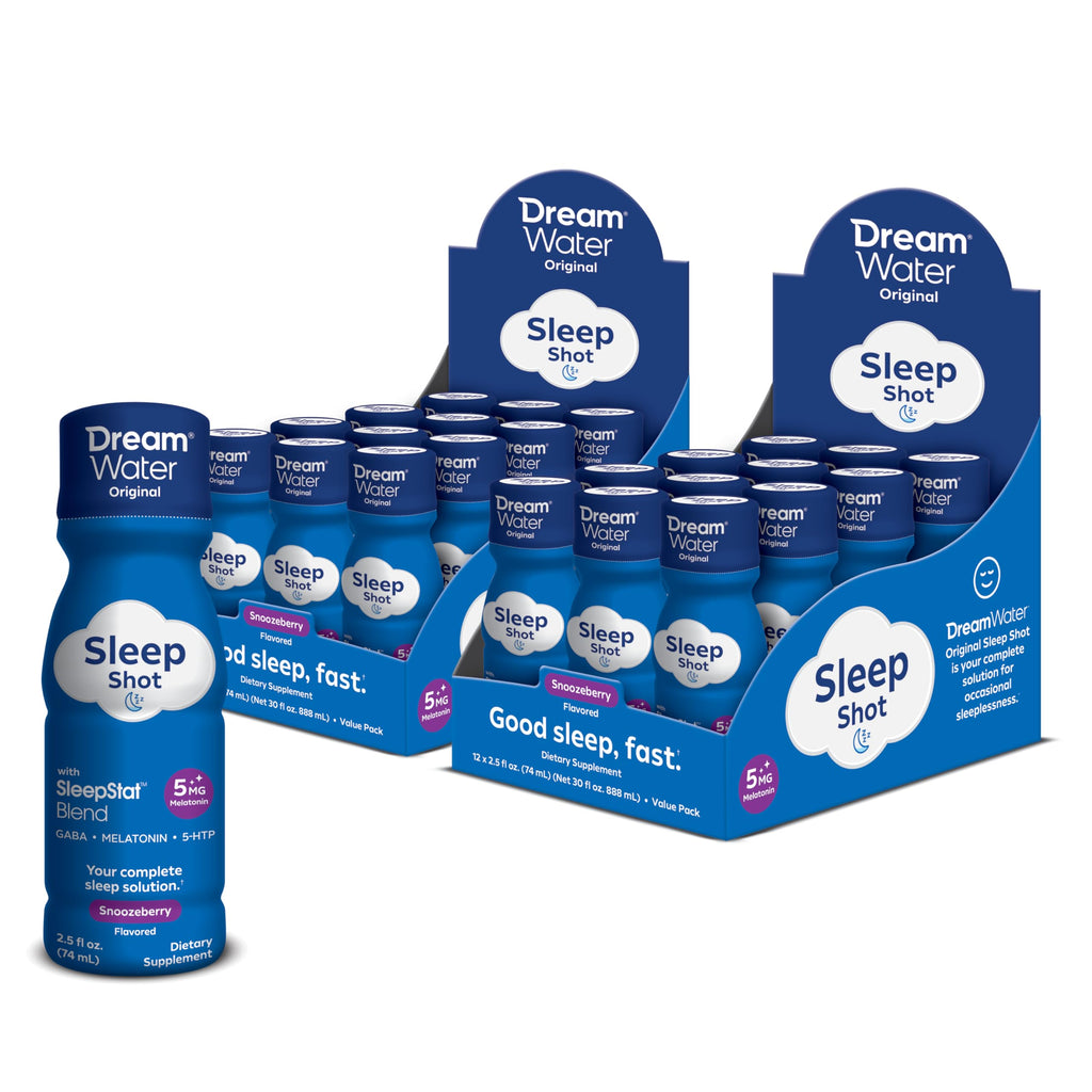 Dream Water Sleep Shots (24 Count) Sleep Aids for Adults - 5mg Melatonin, GABA, 5-HTP - Natural Snoozeberry Flavor (Blue Raspberry) - Liquid Melatonin Supplement - Zero Sugar & Gluten Free - 2.5 oz