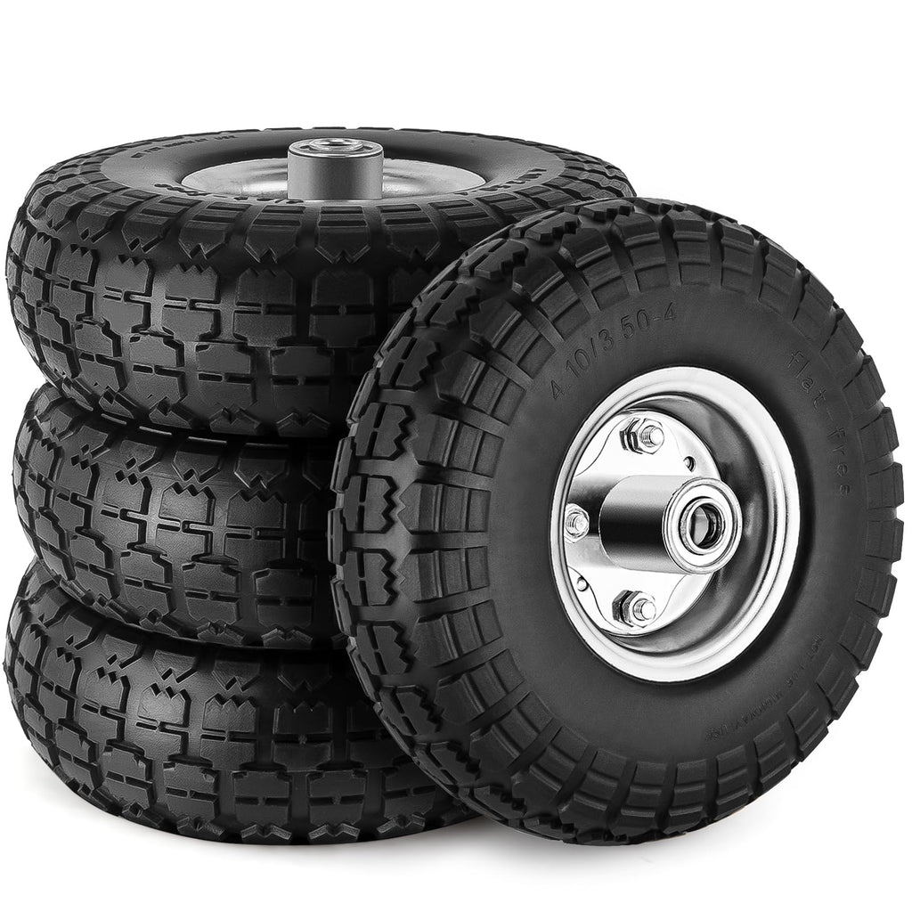 4 Pcs 4.10/3.50-4" Tire and Wheel Flat Free, 10 Inch Solid Rubber Tires with 5/8" Axle Bore Hole, 2.2" Offset Hub for Hand Truck, Wheelbarrow, Gorilla Cart, Garden Wagon Cart, Dolly, Utility Cart