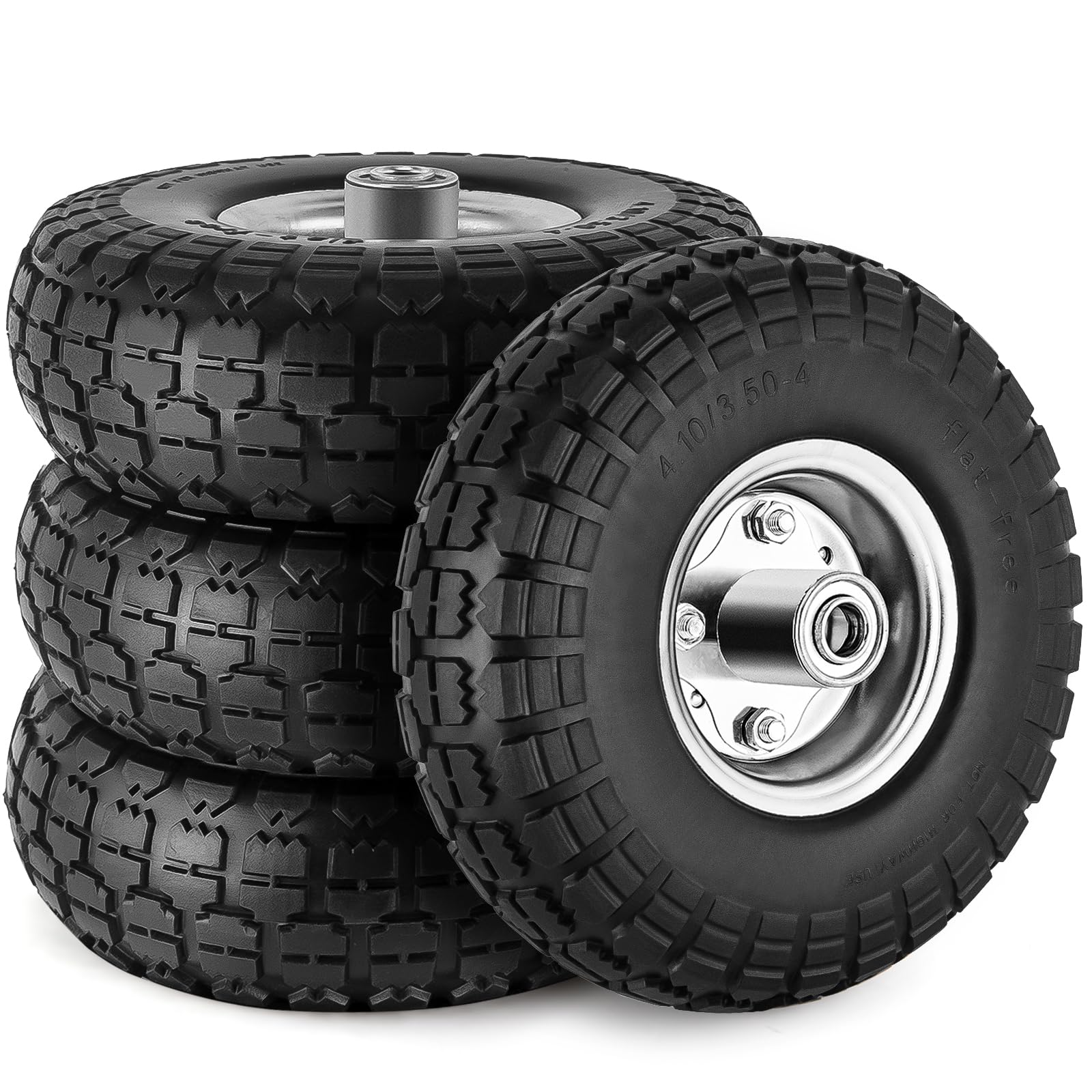 4 Pcs 4.10/3.50-4" Tire and Wheel Flat Free, 10 Inch Solid Rubber Tires with 5/8" Axle Bore Hole, 2.2" Offset Hub for Hand Truck, Wheelbarrow, Gorilla Cart, Garden Wagon Cart, Dolly, Utility Cart