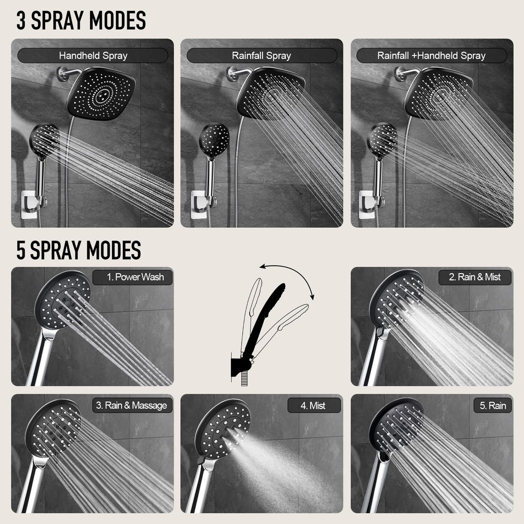 Veken 10'' Rain Shower Head with Handheld, High Pressure Rainfall Showerhead Combo with 5 Handheld Water Spray Modes for Bathroom Accessories, Home Decor, Detachable Dual Shower Heads, Brushed Nickel