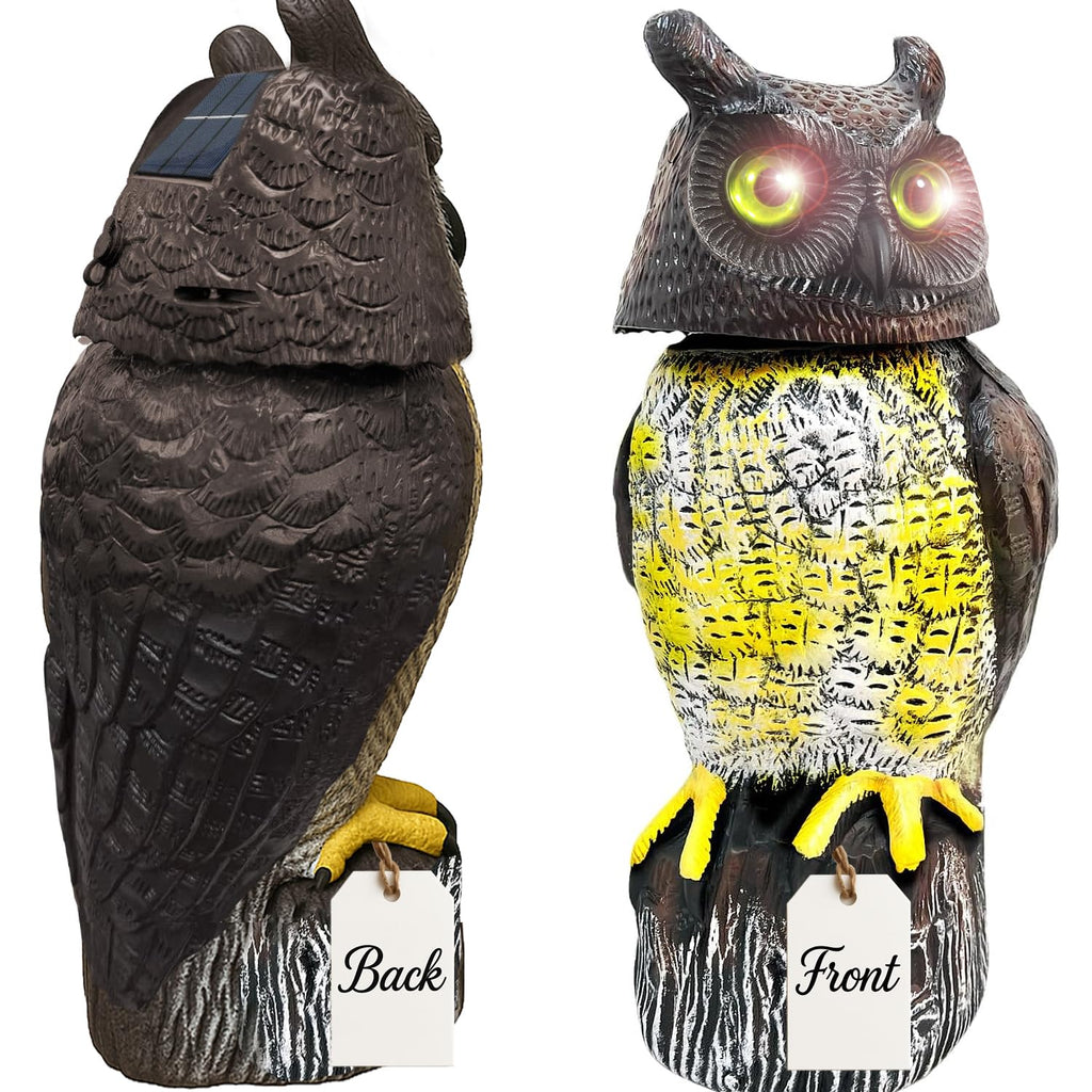 GIFTEXPRESS 1Pcs Solar Power Owl Decoy – 17" Motion Sensor Pest Repellent with Rotating Head, LED Eyes & Sound – Fake Horned Owl for Garden, Yard, Balcony, Farm, Patio, Roof, Lawn- Life Size