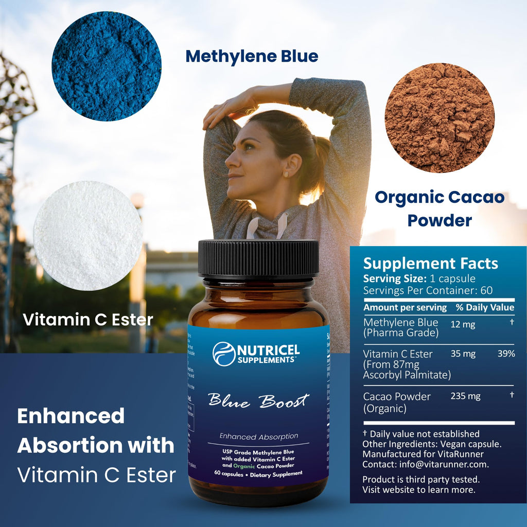 Nutricel Methylene Blue Capsules - Pharmaceutical Grade Supplement - Trusted Made in America Brand - 12mg (USP Reference Compliant) with Vitamin C Ester Enhanced Absorption - Third Party Tested (60ct)