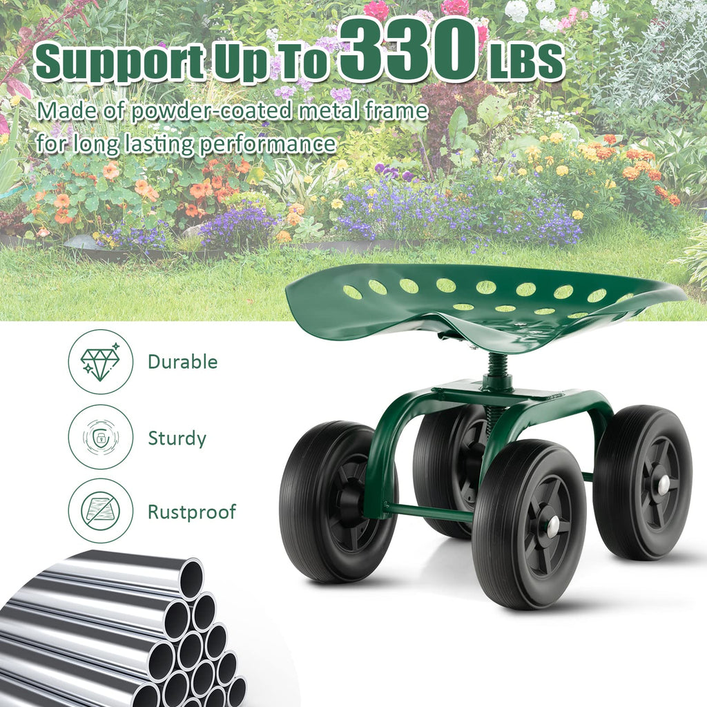 Toolsempire Garden Cart with Seat, Heavy-Duty Rolling Outdoor Wagon Scooter w/Height Adjustable & 360° Swivel Seat, Gardening Work Seat Stool, Patio Scooter on Wheels for Lawn Yard Planting (Green)