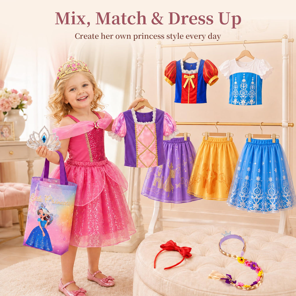 Meland Princess Dress Up Costume Set for Girls 3-8, 4 Complete Outfits with Accessories, Princess Role Play Toy Gift for Birthday & Christmas