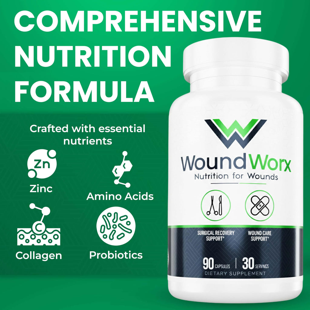 Free Life Labs WoundWorx Nutrition-Scar and Surgery Support, Wound Care, General and Plastic Surgery, Healing Support, Amino Acids, Collagen, Probiotics, Turmeric, Bromelain-90 caps