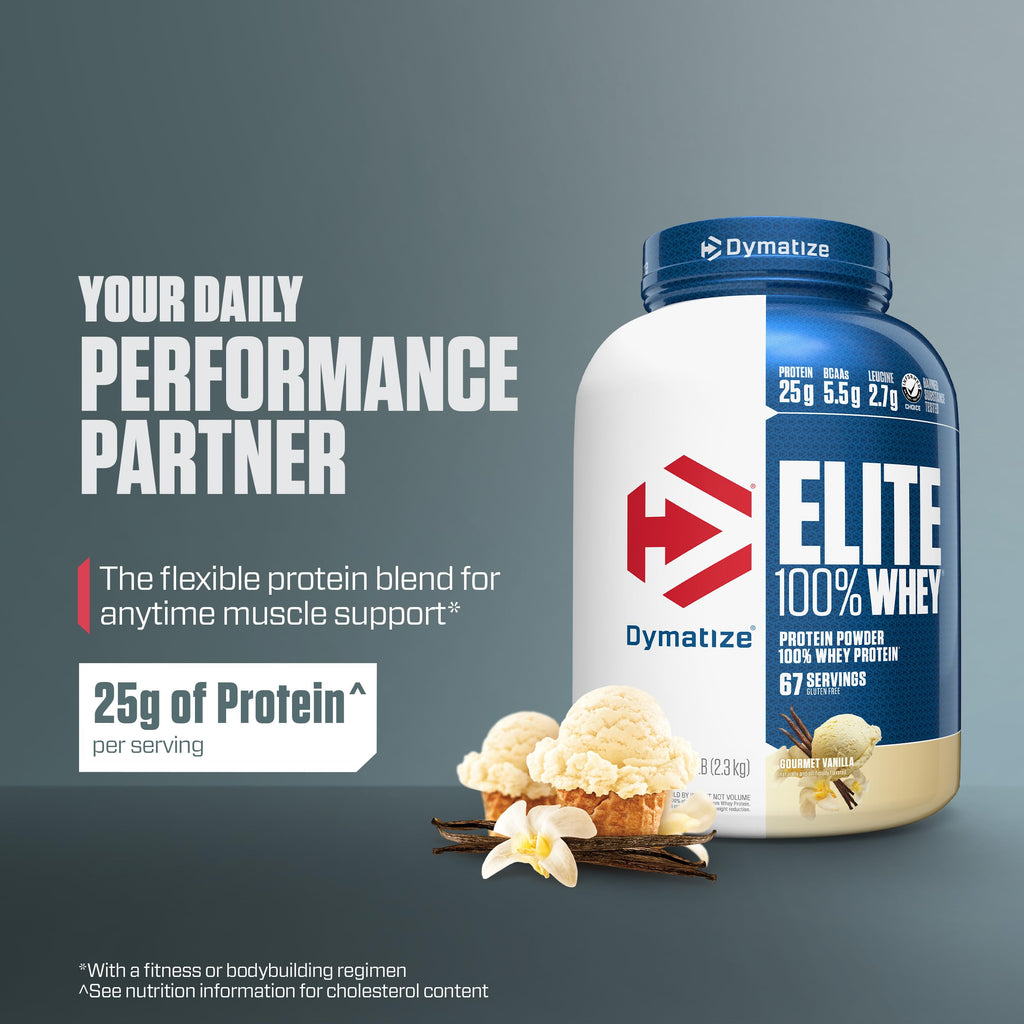 Dymatize Elite 100% Whey Protein Powder, Vanilla, 25g of Protein, 5.5g BCAAs, Less Than 140 Cal., Gluten Free, 2g Carb, 2g Sugar, 3g Fat (67 Servings)