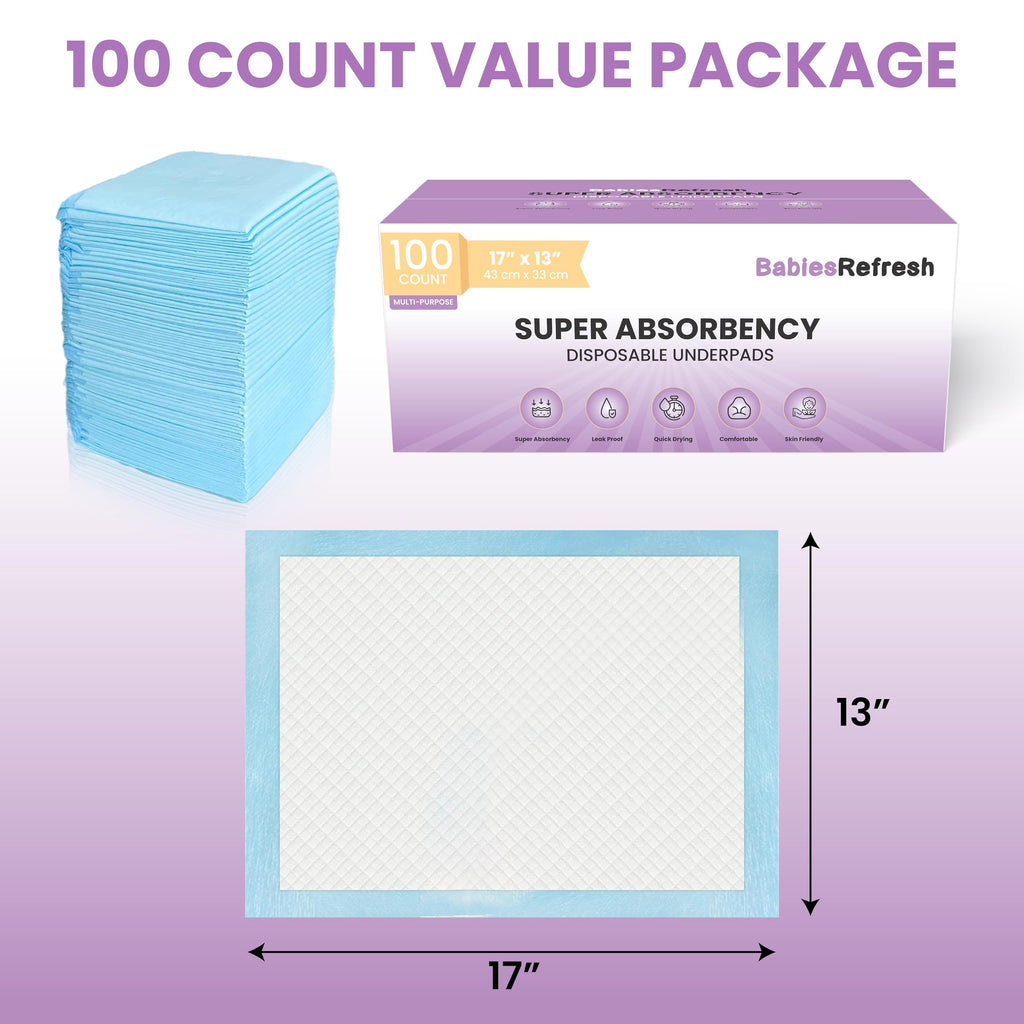 100 Count Super Absorbency Small 17” x 13” Disposable Underpads, Leakproof Quick Drying for Multi-use for Babies, Puppy Pads and Adults, Chucks, Disposable Diaper Changing Pad for Baby, Blue
