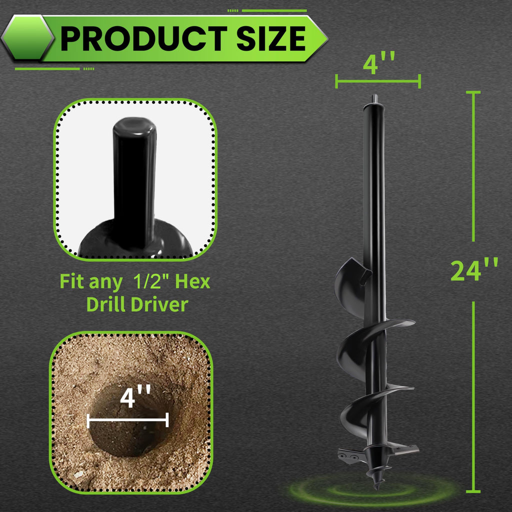 SYITCUN Auger Drill Bit for Planting - 4"X24" Heavy-Duty Auger Post Hole Digger for Fence- 1/2" Hex Drive Drill