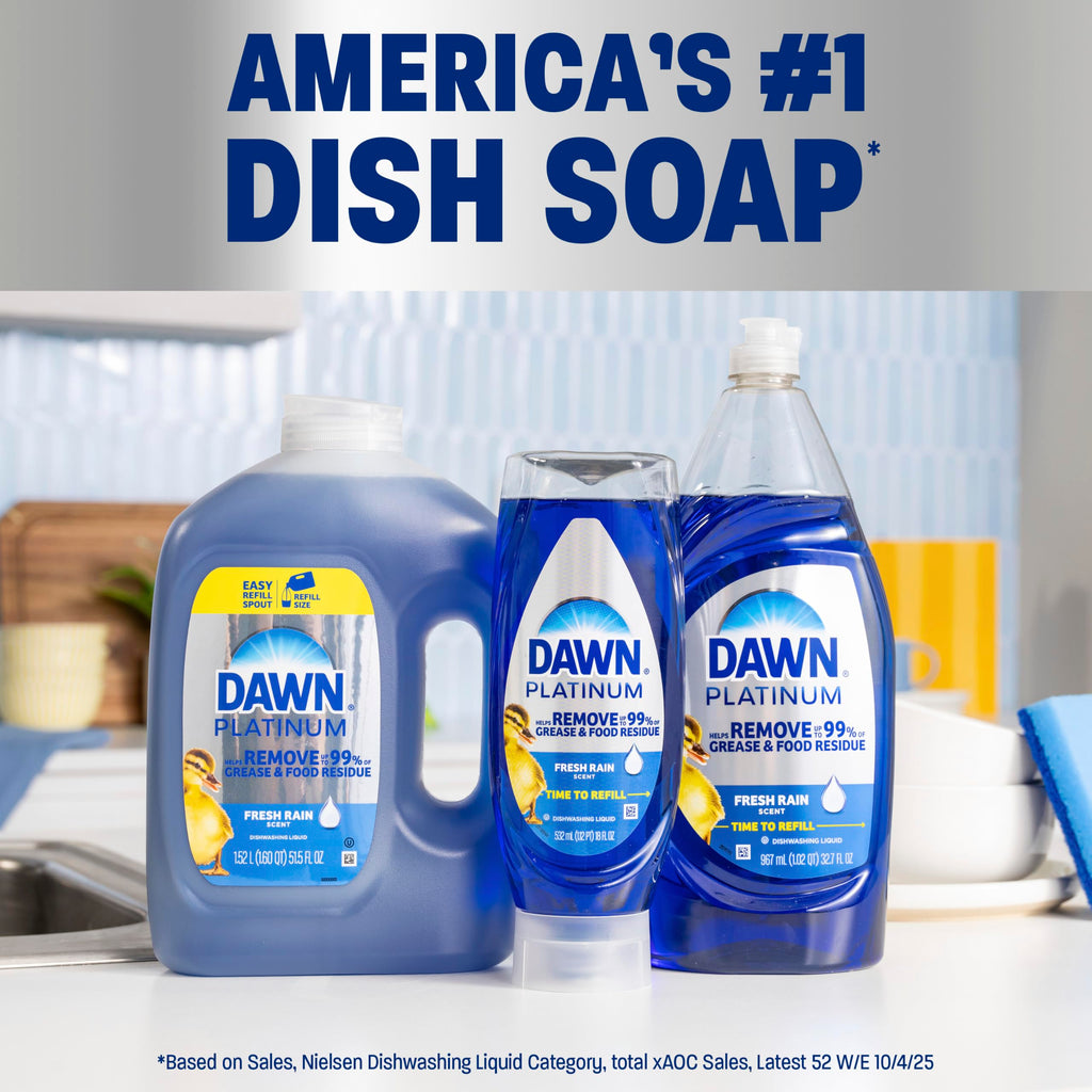 Dawn Platinum Dish Soap Fresh Rain Scent Liquid Dishwashing Detergent, Powerful Dawn Dish Soap for Tough Grease Removal, 30 oz