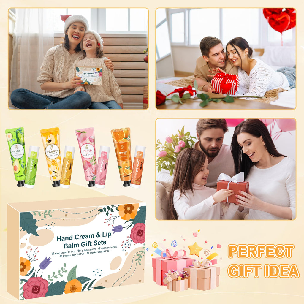 YUEONEWIN 24 Sets Bulk Gifts For Women, Hand Cream Lotion, Lip Balm, Mini Nail Files Gifts Set with Organza Bags, Thank You Card, Baby Shower Bridal Wedding Favor for Guests, Christmas Gift for Women