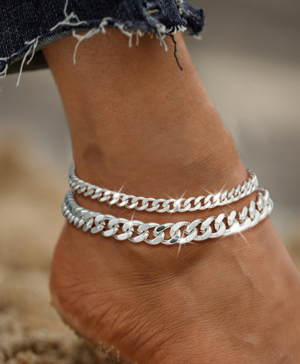 Funsanny Sterling Silver Ankle Bracelets for Women Layered Silver Anklets