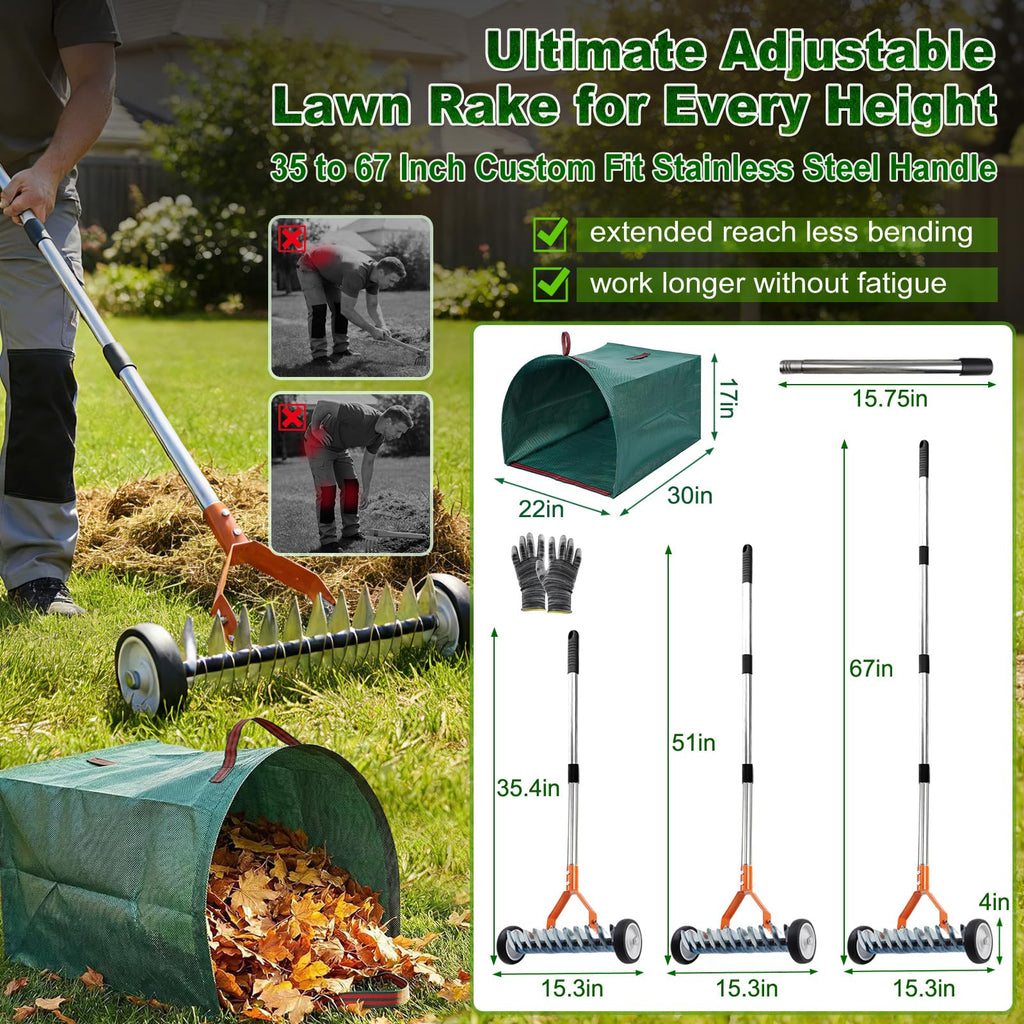 Wheeled Dethatching Rake for Lawn - 15" Heavy Duty Stainless Steel