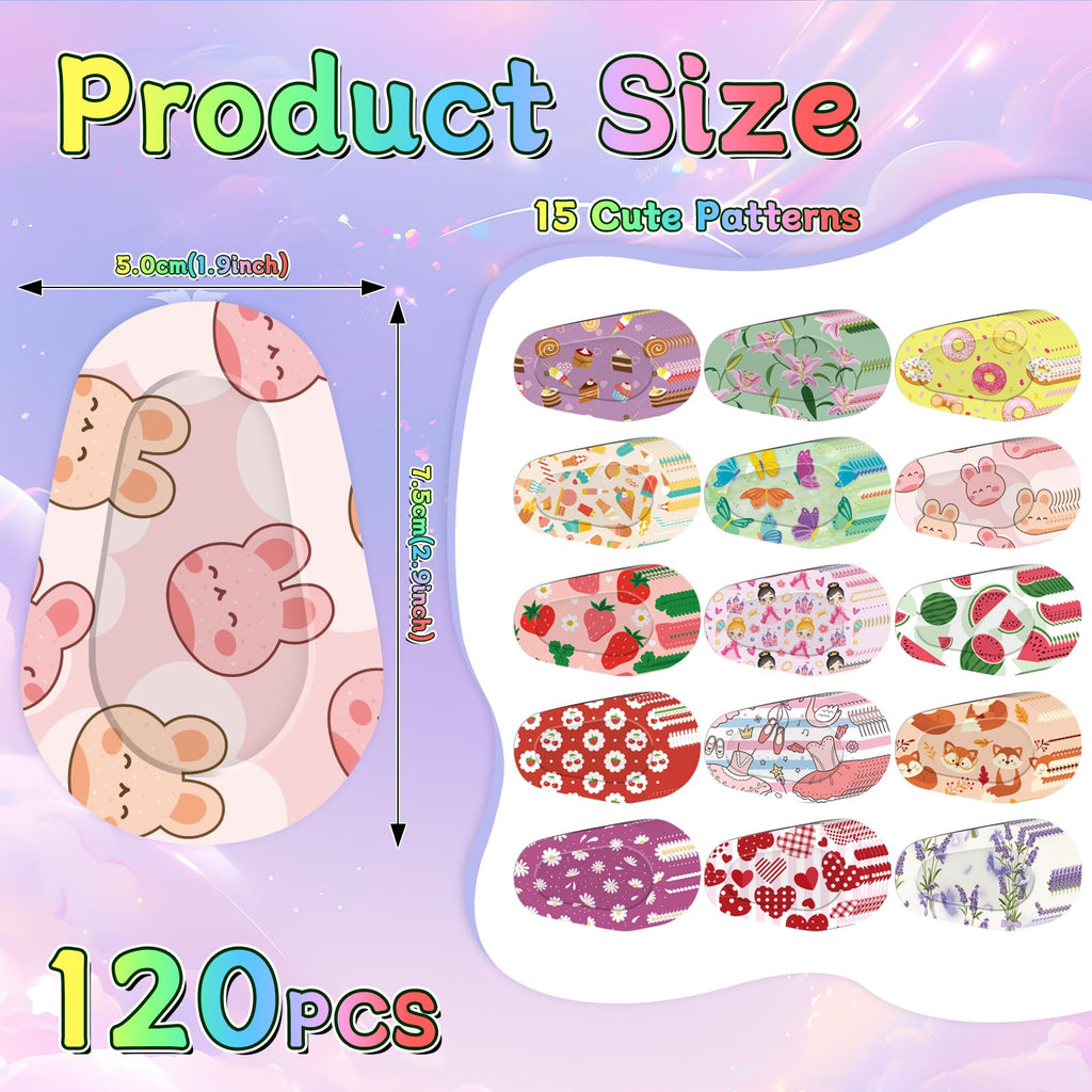 120 Pcs Adhesive Eye Patches for Kids and Girls,Bulk Breathable Soft Cotton, with Cute Pattern Designs, 15 Styles with 8 Pieces Each