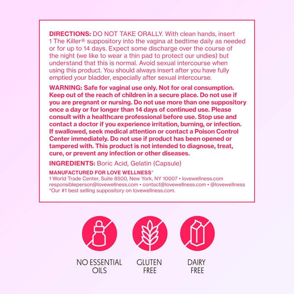 Love Wellness The Killer | Boric Acid Vaginal Suppositories | Balances pH & Supports Odor Control, a Healthy Vaginal Balance and Environment | Fast-Acting & Fragrance-Free | Gentle & Effective | 14 Ct