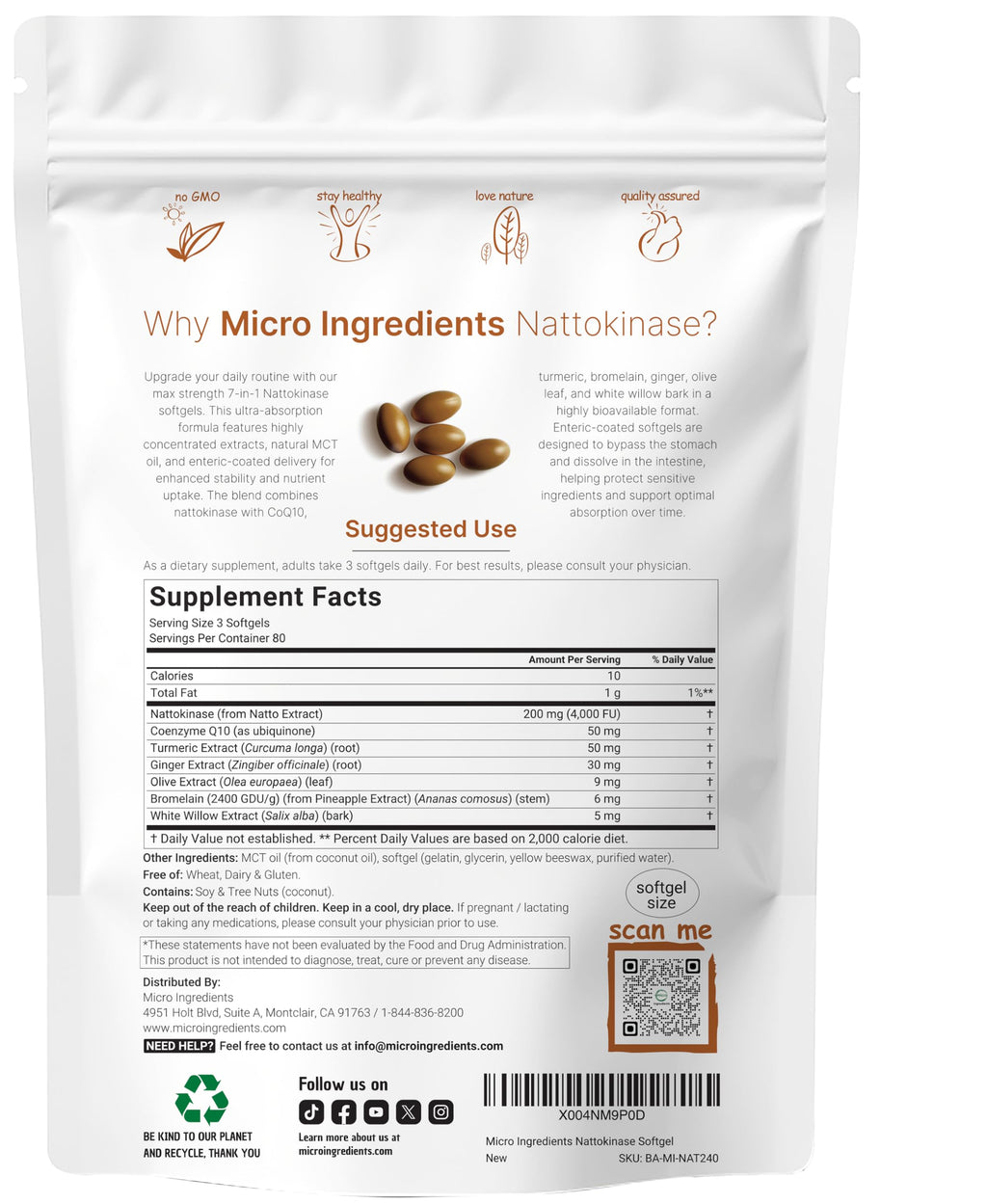 Micro Ingredients Nattokinase 4,000 FU Equivalent, 240 Softgels | 7-in-1 Ultra Absorption Cardiovascular Supplement with CoQ10, Bromelain, Turmeric, Ginger, Olive Leaf, & White Willow Bark