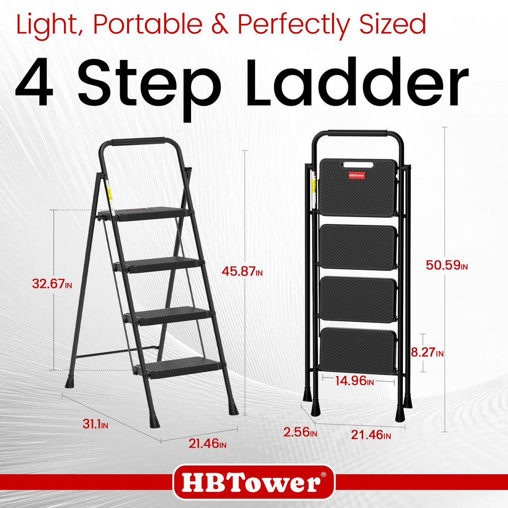HBTower Step Ladder, 4 Step Ladder Folding Step Stool with Wide Anti-Slip Pedal, Lightweight Ladders for Home, Black