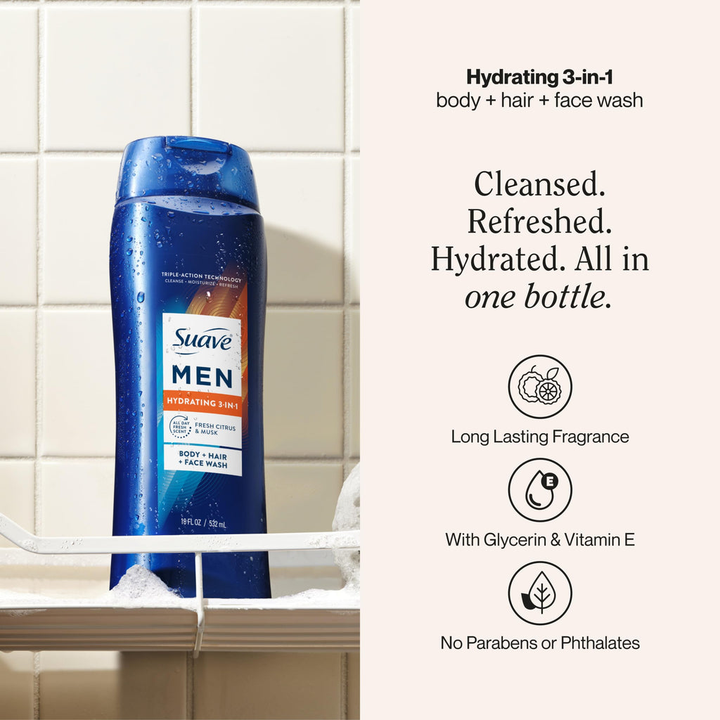 Suave Men Hydrating 3-in-1 Body + Hair + Face Wash with Glycerin & Vitamin E, Cleanse, Moisturize, Refresh, No Parabens or Pthalatates, Long-Lasting Fragrance, 18 FL OZ, 6 Count