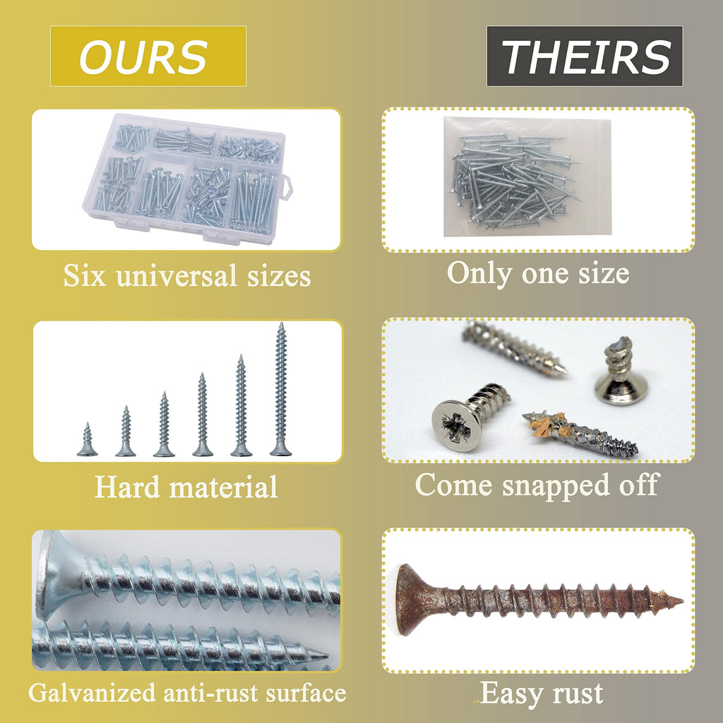 JEGONFRI 209PCS Wood Screw Assortment Kit, 6 Sizes Flat Head Phillips