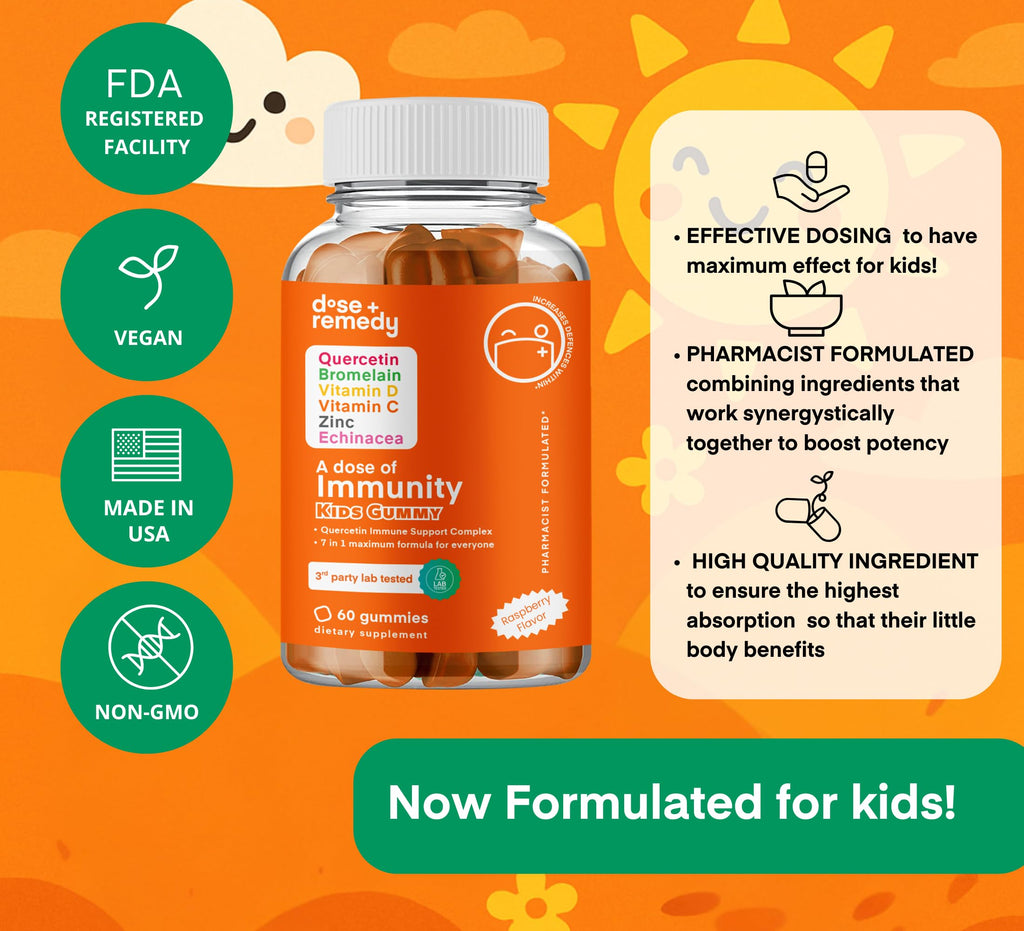 A Dose of Immunity Kids Quercetin with Vitamin C, Zinc, Vitamin D, 100mg Quercetin Bromelain, Echinacea, 60 Gummy Count (Pack of 1)