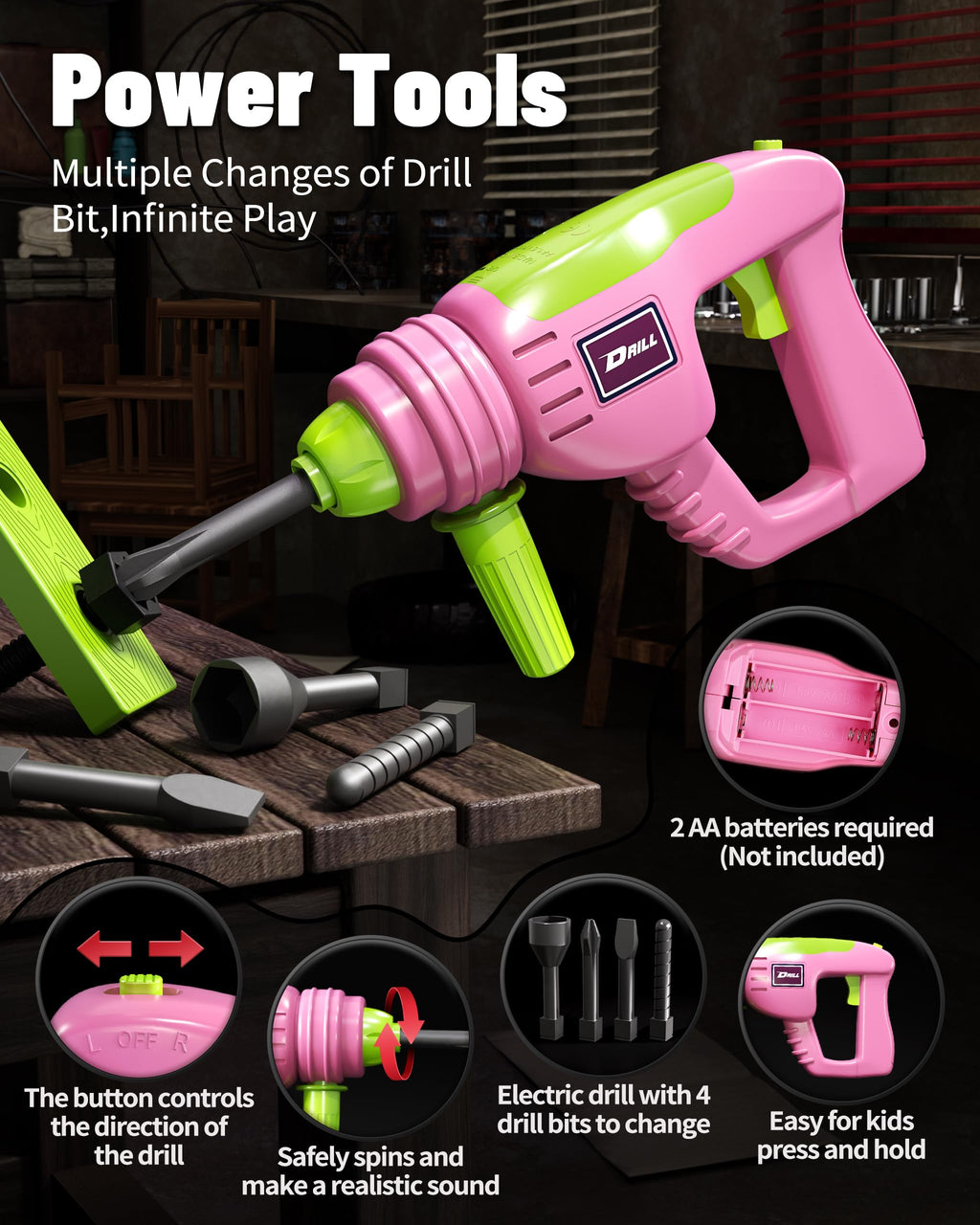 Deejoy Pink Kids Tool Set for Girls-Toddler Tool Set with Electronic Toy Drill & Tool Box, STEM Pretend Play Construction Toys with Costume Vest, Educational Gifts for Age 3 4 5 6 7 Year Old