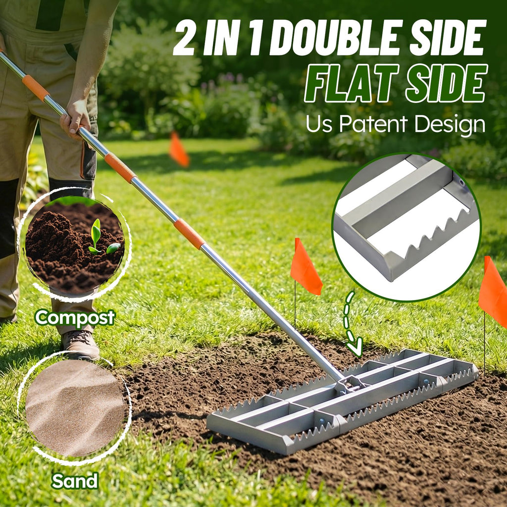 2-in-1 Lawn Leveling Rake, 20 Marking Flags for Low Spot,30"×10" Heavy Duty