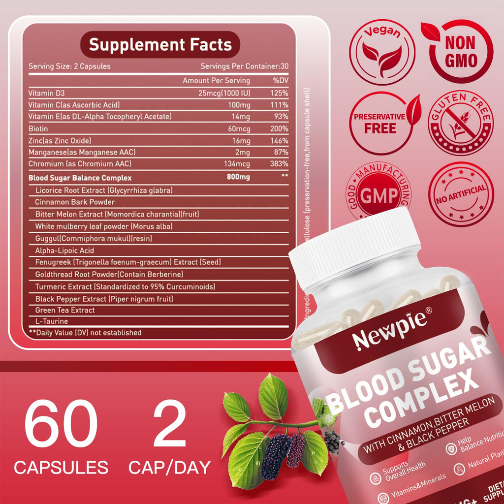 Blood Sugar Complex Supplement – Natural with 20 Active Herbs and Vitamins, Including Cinnamon, Bitter Melon, Black Pepper, Licorice, Vegan, Non-GMO, Gluten-Free, 120 Capsules