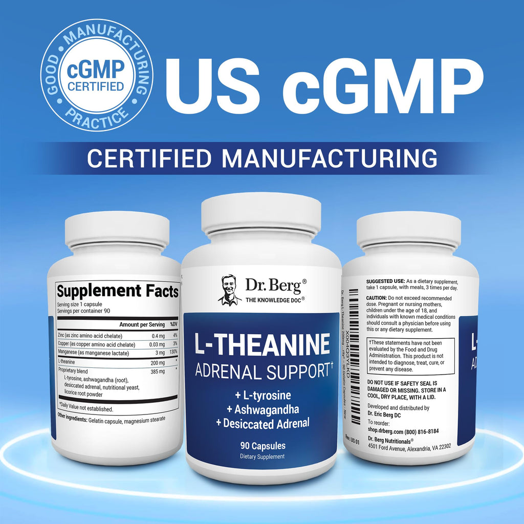 Dr. Berg L-Theanine 200mg - Includes Zinc, Copper, L-Tyrosine, & Ashwagandha – L-Theanine Supplement Adrenal Support - for Relaxation, Stress Relief, and Mental Clarity* – 90 Gelatin Capsules