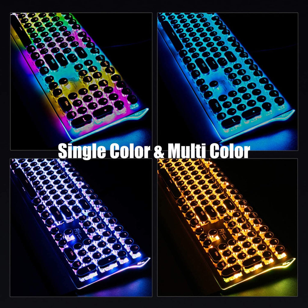 RK ROYAL KLUDGE S108 Typewriter Keyboard, Retro Mechanical Gaming Keyboard Wired 108 Keys with RGB Backlit Sidelight, Detachable Wrist Rest, Round Keycaps Blue Switches - Black