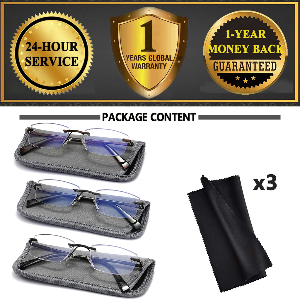 JJWELL 3 Pack Reading Glasses for Men Blue Light Blocking, Lightweight Rimless Metal Mens Eyeglasses Readers, Anti Eyestrain/Dryness/Computer Glare/UV 400, Spring Hinge Eyeglasses(250 Strength)