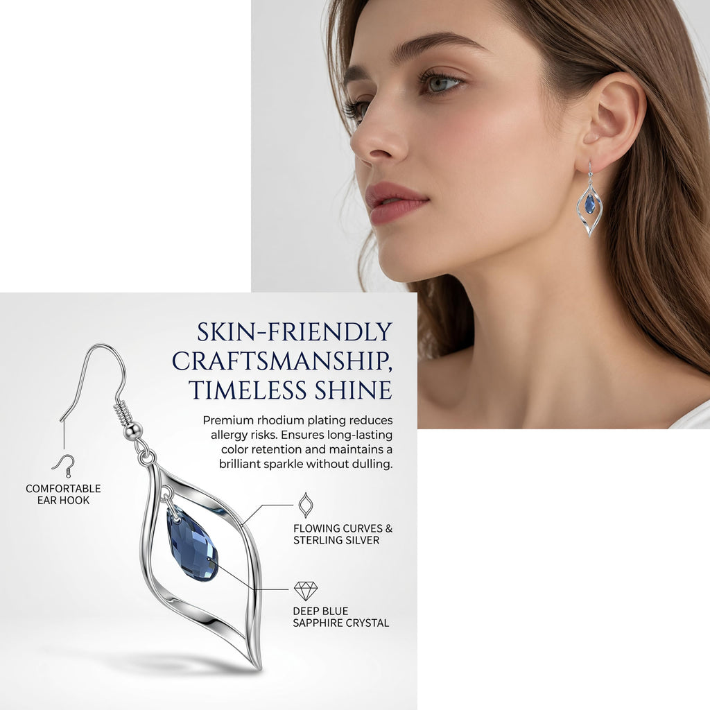 Silver Drod Dangle Earrings with Sapphire Teardrop Crystal for Women