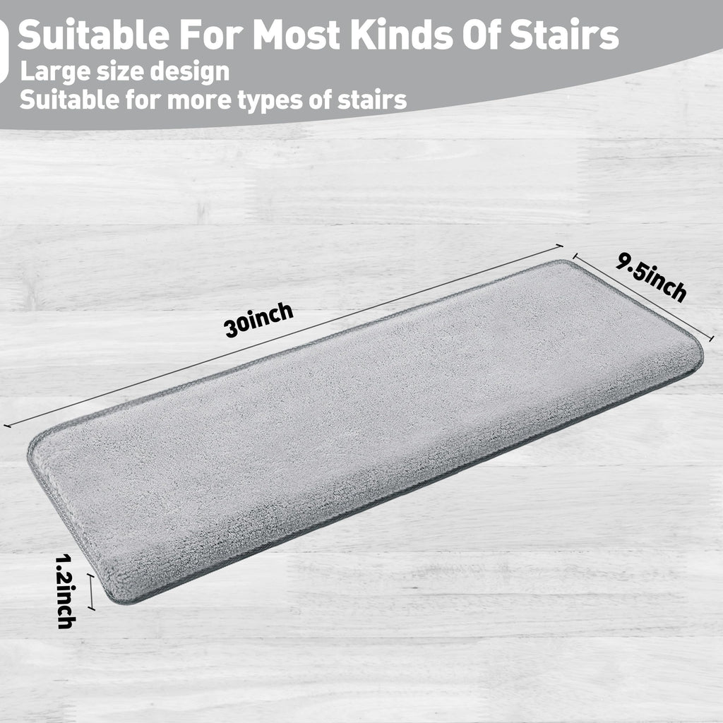 PURE ERA Carpet Stair Treads Ultra Plush 9.5" X 30"Soft Bullnose Indoor Stair Protectors Pet-Friendly Non-Slip Skid Resistant Tape Free Washable Reusable(2 Pieces,Gray)