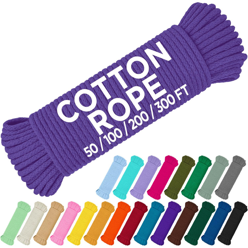 TECEUM Cotton Rope 3/16” (5 mm) – 100 FT – Strong All-Purpose Braided Rope – Natural Cotton – for Crafting, Сamping, Clothes Line, DIY, Indoor & Outdoor Use – Purple
