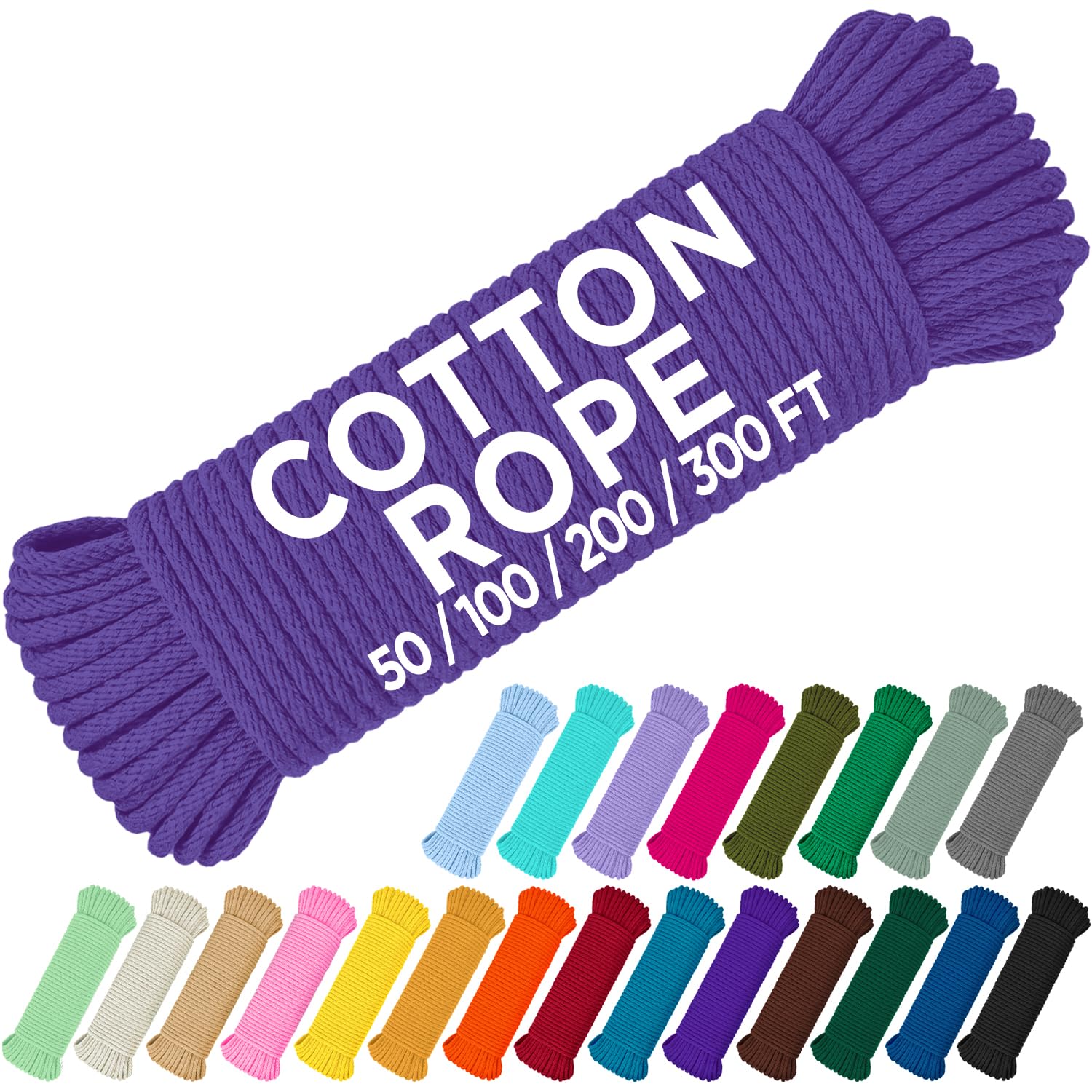 TECEUM Cotton Rope 3/16” (5 mm) – 100 FT – Strong All-Purpose Braided Rope – Natural Cotton – for Crafting, Сamping, Clothes Line, DIY, Indoor & Outdoor Use – Purple