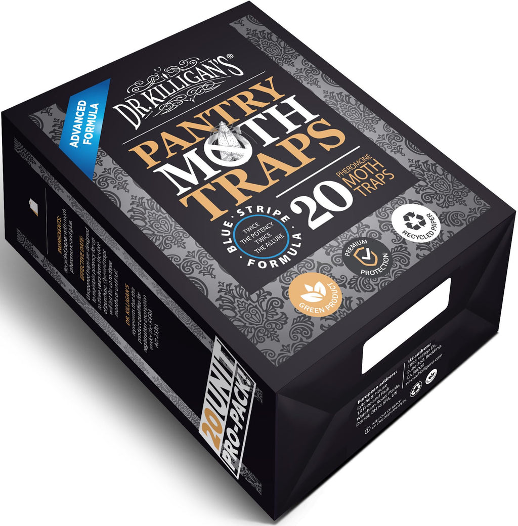 Dr. Killigan's Premium Double Potent Pantry Moth Traps with Pheromones Prime, Sticky Indian Meal Moth Traps for Kitchen, How to Get Rid of Moths in House (20 Pack, Black)