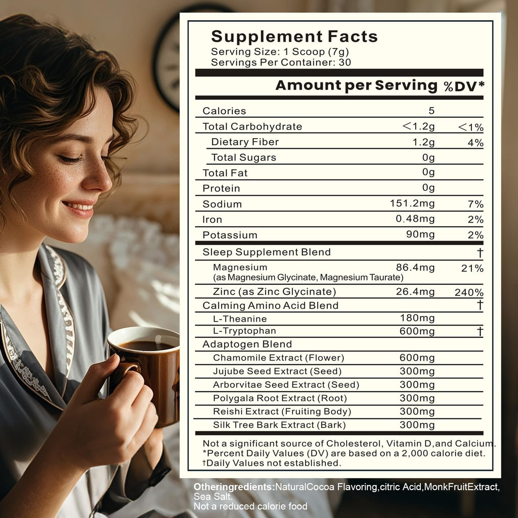 Magnesium Hot Cocoa – Melatonin-Free Natural Sleep Aid Hot Chocolate for Adults with Reishi Mushroom, L-Theanine & Zinc Glycinate – Relaxation & Restful Sleep Support Mushroom Coffee, 30 Servings