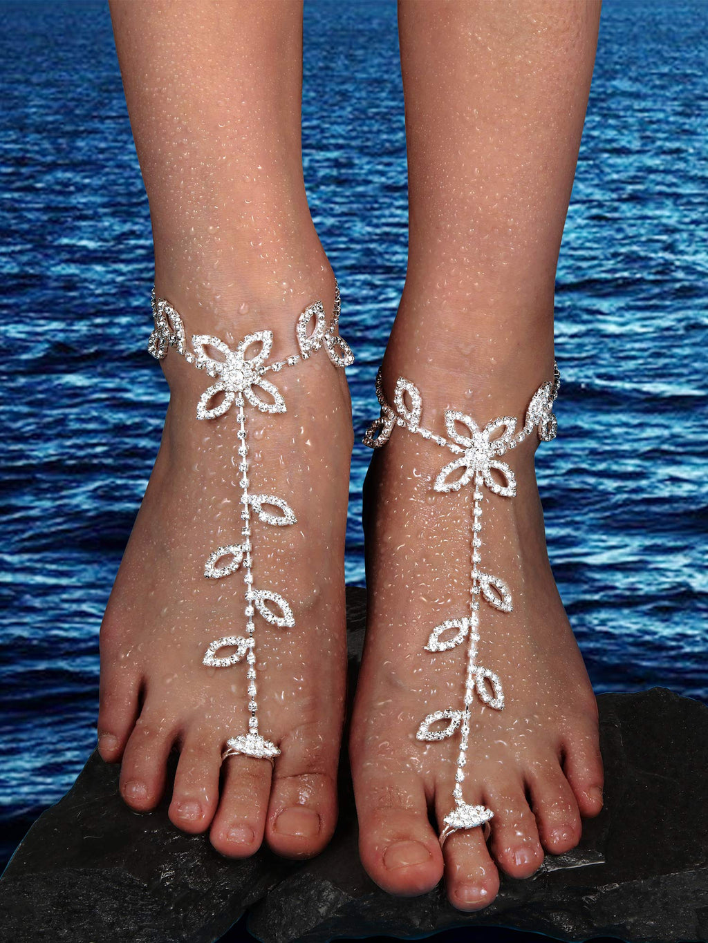 Hicarer 6 Pcs Foot Jewelry Barefoot Sandals for Women Rhinestone Bohemian Foot Ankle Chains for Beach Wedding(Rhinestone Star Leaf Mesh Style)
