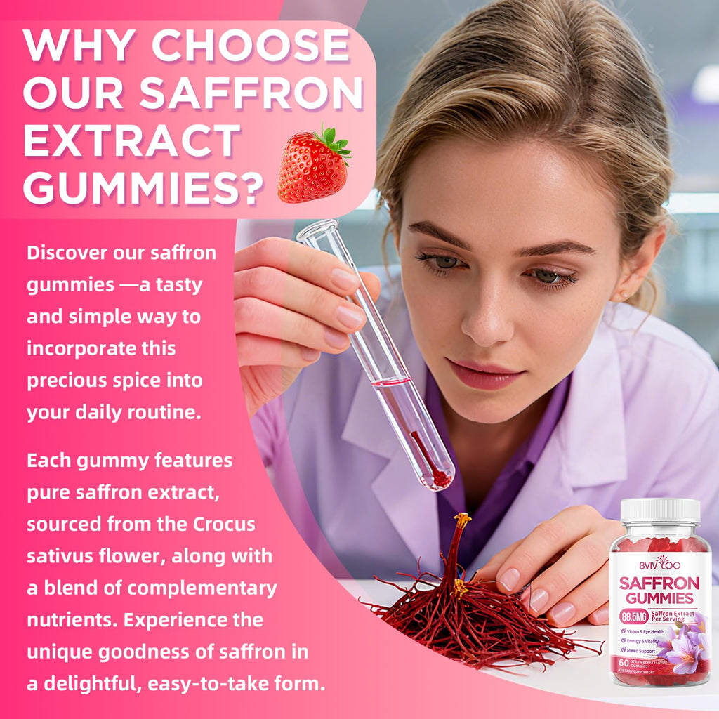 Saffron Gummies for Adult Kids, 10-IN-1 Formula with Saffron 88.5mg, Vitamins D3 & B6, Magnesium, Zinc, Ashwagandha, L-Theanine, St. John's Wort - Supports Mood & Focus, Strawberry Flavor, 60 Count