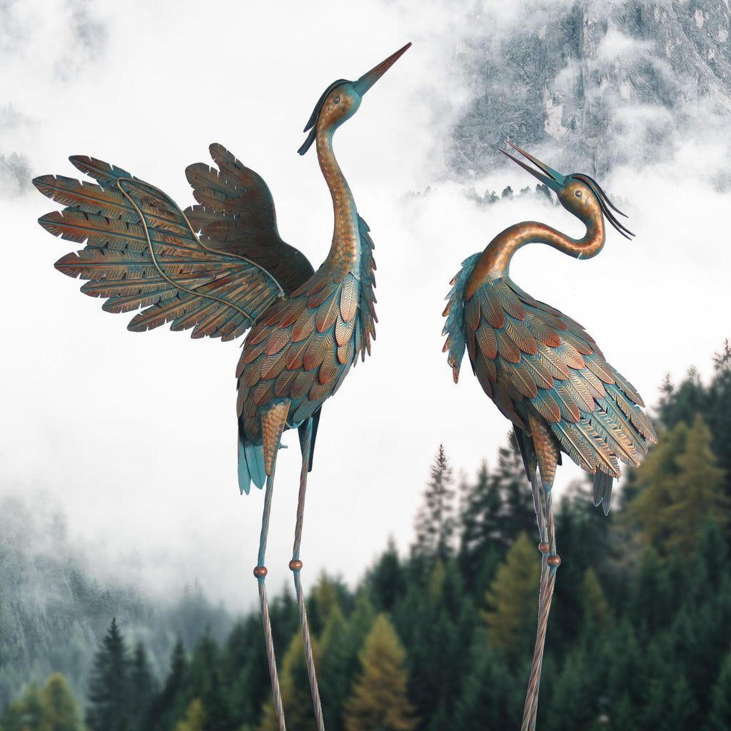 Oritty Crane Statues for Garden Decor, Metal Crane Yard Art Statues, 2PCS