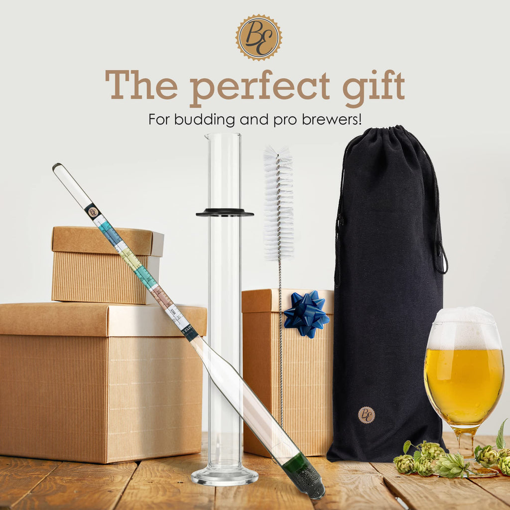 Brewer's Elite Hydrometer - for Home Brew Beer, Wine, Mead and Kombucha - Deluxe Triple Scale Set, Hardcase and Cloth - Specific Gravity ABV Tester (Hydrometer & Glass Test Jar Kit)