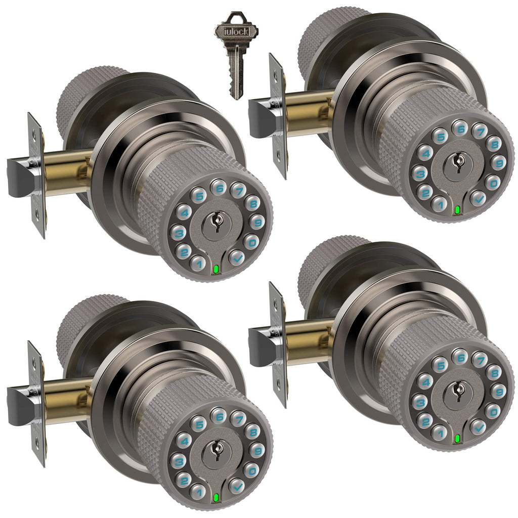iulock Smart Door Knob with Keypad and Key,Keyless Entry Door Lock with Rubber Grip, Auto Lock,50 User Code,Waterproof, Easy to Install and Program for Bedroom(Stain Nickel Same Key 4 Pack)