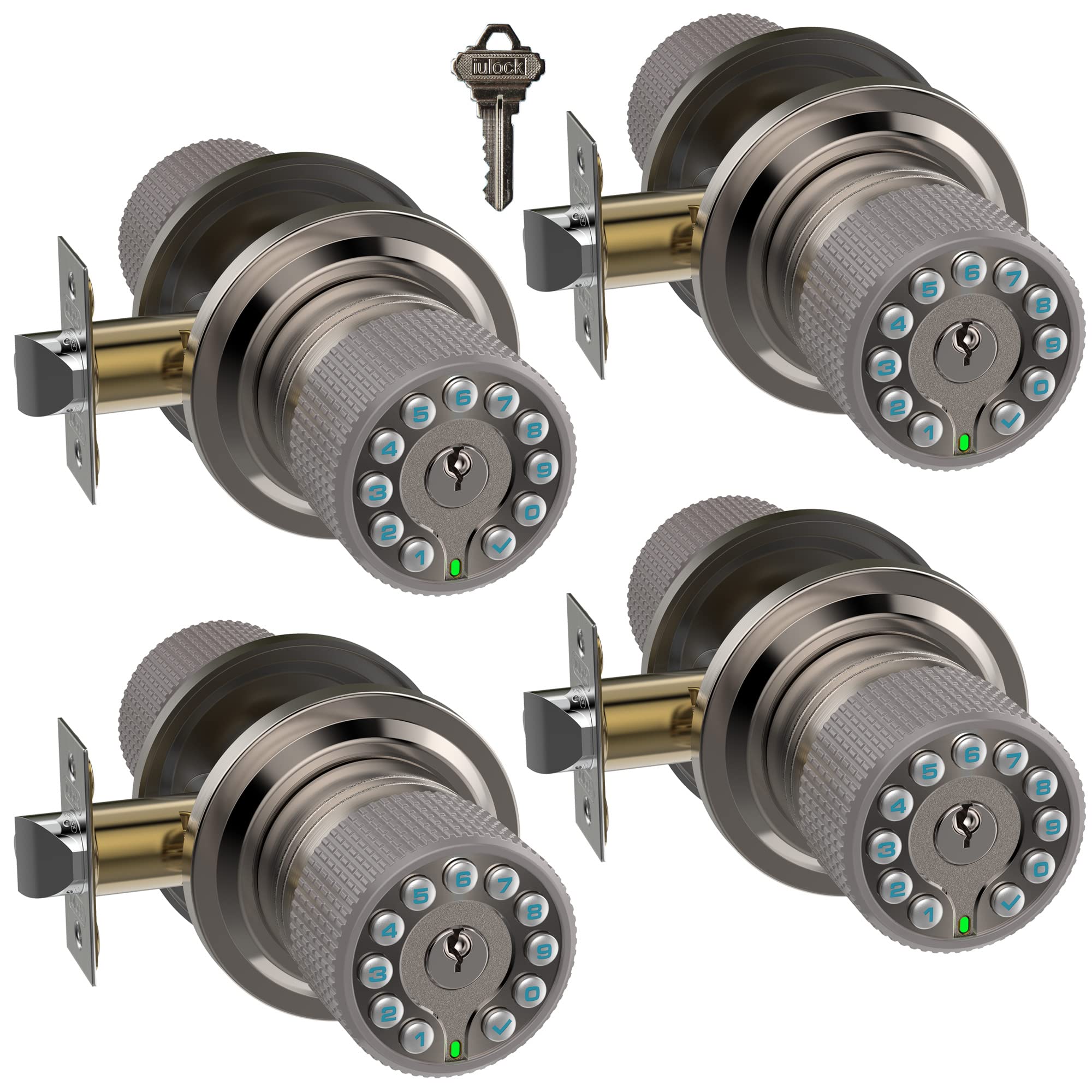 iulock Smart Door Knob with Keypad and Key,Keyless Entry Door Lock with Rubber Grip, Auto Lock,50 User Code,Waterproof, Easy to Install and Program for Bedroom(Stain Nickel Same Key 4 Pack)