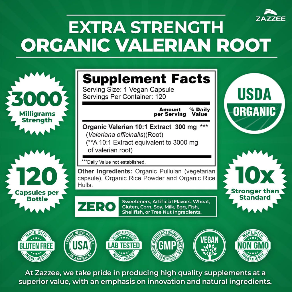 Zazzee USDA Organic Valerian Root 10:1 Extract, 3000 mg Strength, 120 Vegan Capsules, 4 Month Supply, Valeriana officinalis, 10X Potency, 100% Vegetarian, All-Natural, Non-GMO, Made in the USA