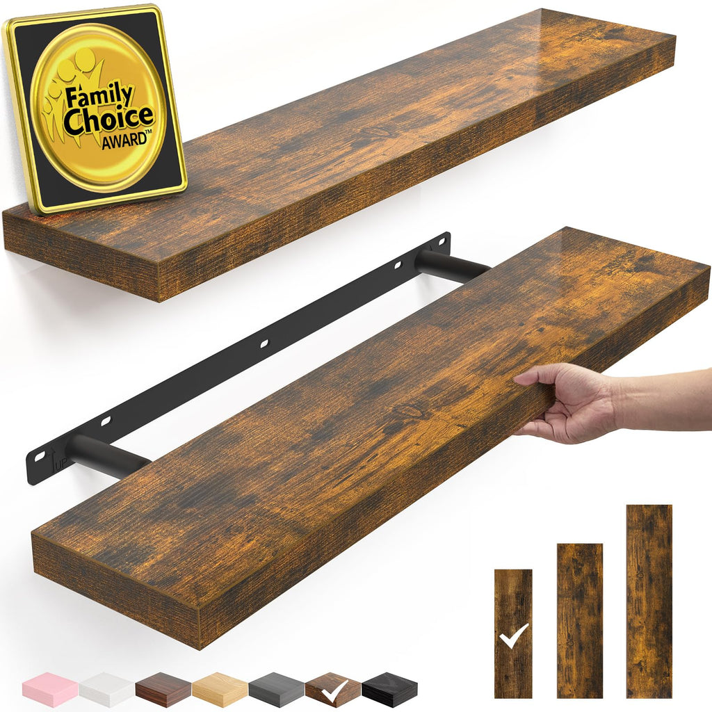 BAYKA Rustic Brown Floating Shelves 22.5in, Set of 2, Wall Mount Wood Shelf