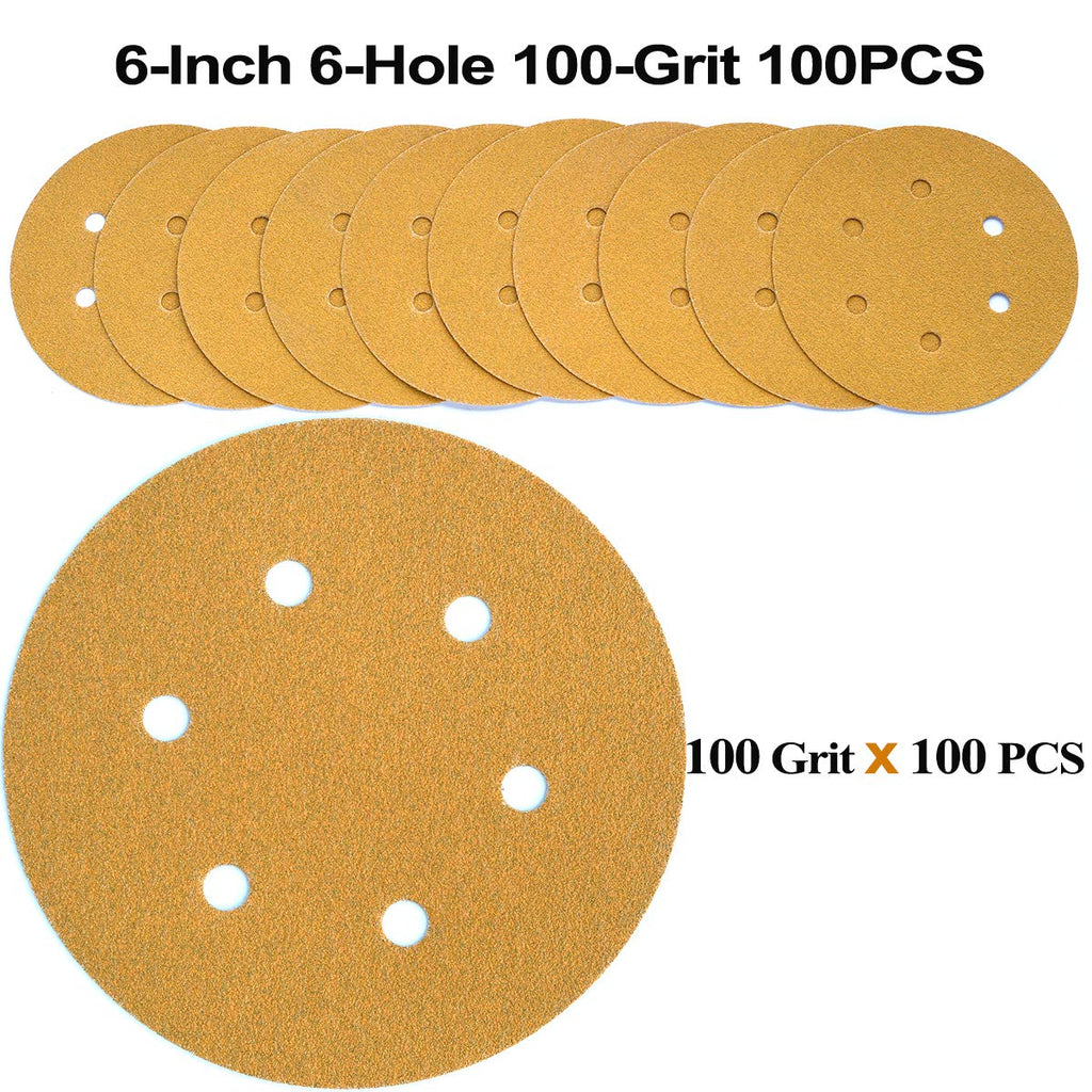 Aiyard 6-Inch 6-Hole Hook and Loop Sanding Discs 100-Grit, Random Orbital Sandpaper for Automotive and Woodworking, 100-Pack