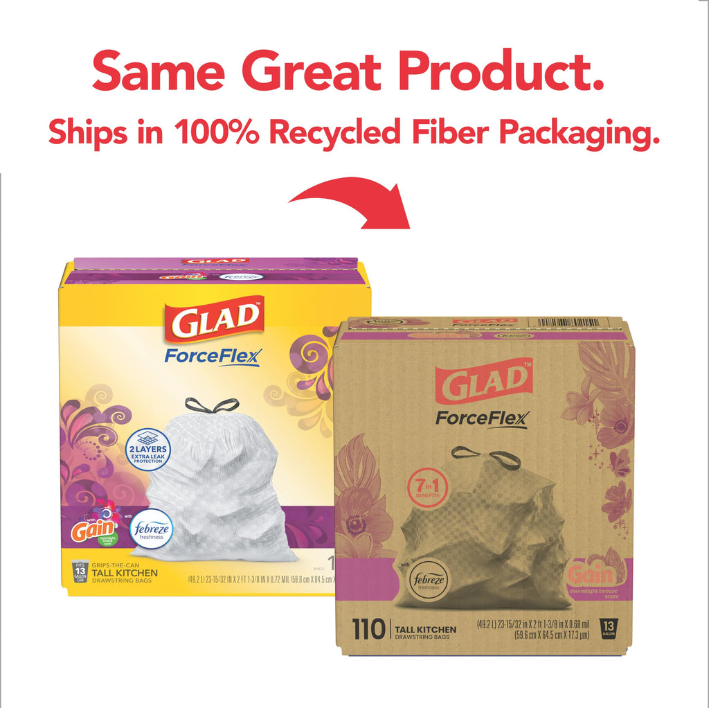 Glad ForceFlex Tall Kitchen Trash Bags, 13 Gallon, Gain Moonlight Breeze, 110 Ct (Package May Vary)