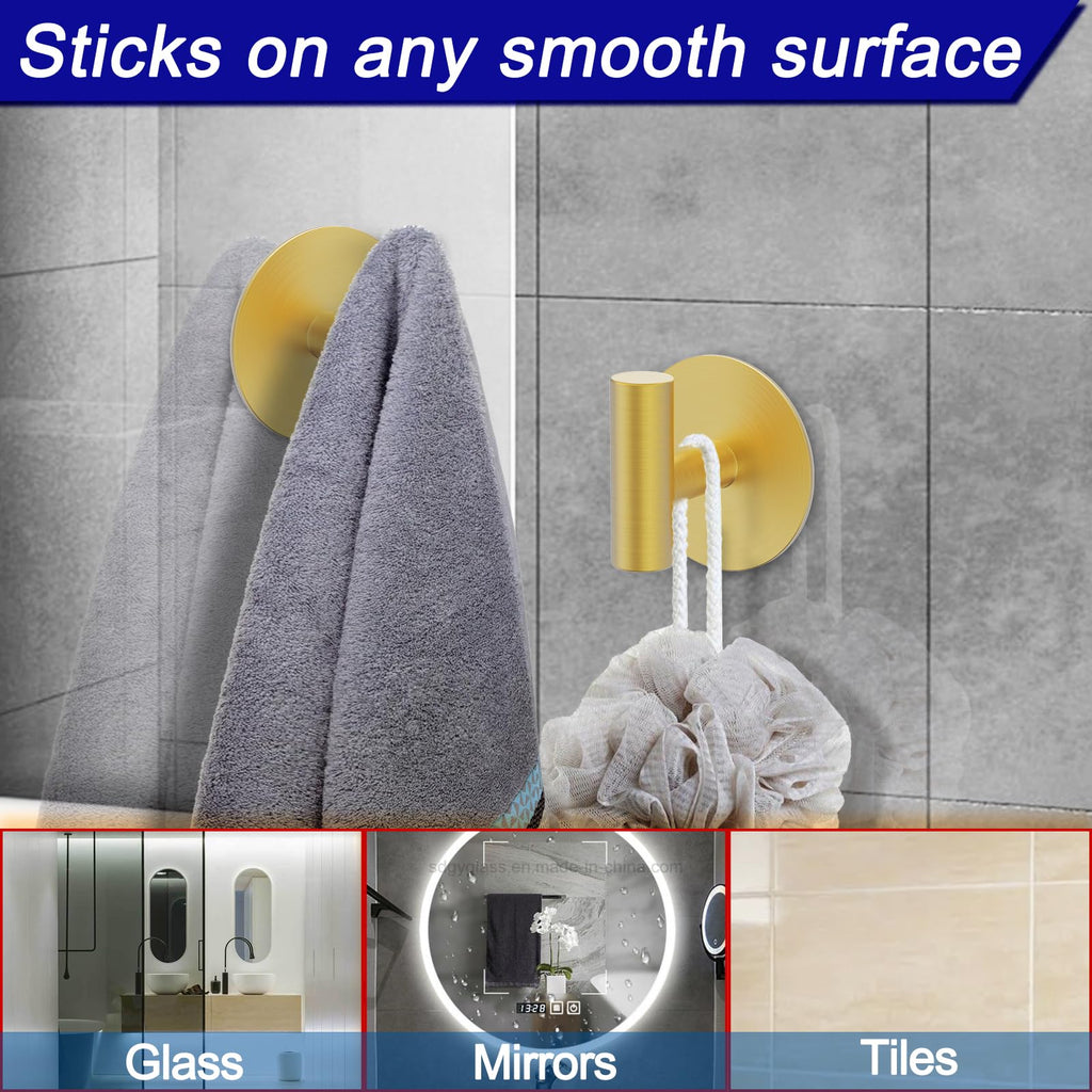 Bntuk Wall Towel Hooks, Adhesive Hooks for Coat Waterproof Shower Hooks, Sticky Hanger Hook for Hanging Coat, Clothes, Robe, Towel Hooks for Bathroom Glass Window - 4 Pack, Gold