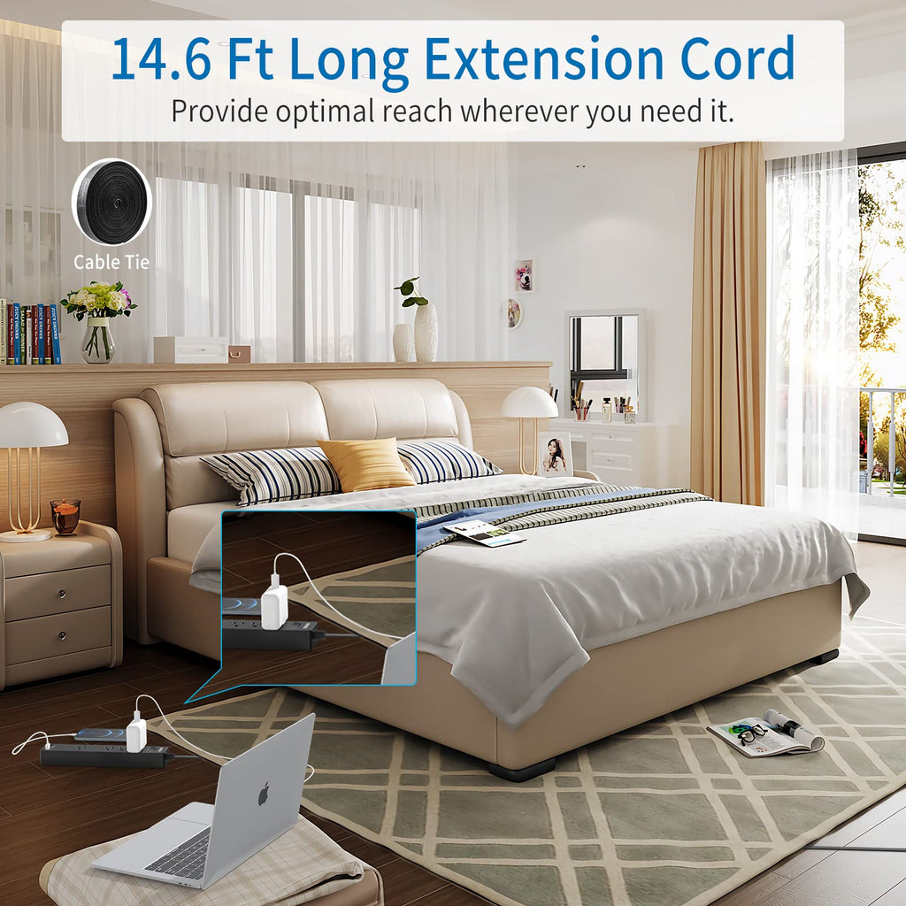 Extension Cord 15 Ft, NTONPOWER Flat Plug Power Strip Bar with 2 USB 4 Outlets (1 Widely Outlet), Thin Flat Extension Cord Under Rug, Carpet, Wall Mount Charging Station for Home Office, Black