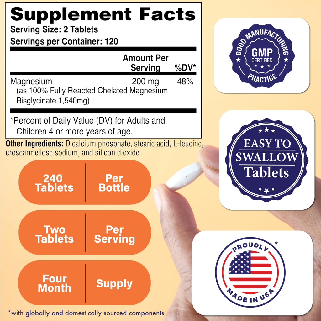 Magnesium Glycinate - Muscle, Nerves, Relaxation & Sleep Supplement | 200mg Elemental Magnesium Fully Reacted Chelated | Gentle on the Stomach | Non-GMO 240 Tablets | by Health Thru Nutrition